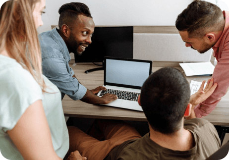 Team members collaborating in a modern office